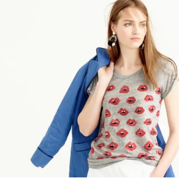 J. Crew Tops - J Crew Donald Robertson Kiss Kiss Tee Shirt Lips Gray Size XS